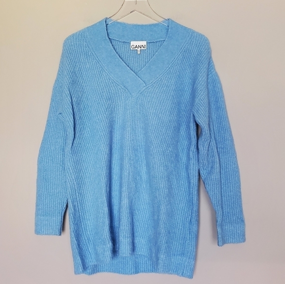 GANNI V-Neck Long Sleeve Alpaca Wool Blend Blue Pull-Over Oversized Sweater - Picture 8 of 8